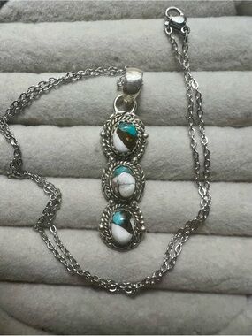 Sterling Silver Turquoise & White Buffalo Turquoise Triple Pendant Necklace